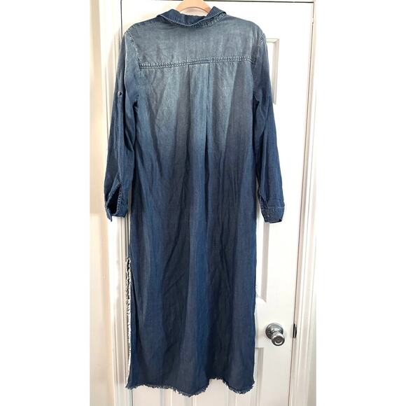 BELLA DAHL Tencel Lyocell Denim Chambray Split Raw Hem Shirt Dress Tab Sleeve M - Picture 5 of 7